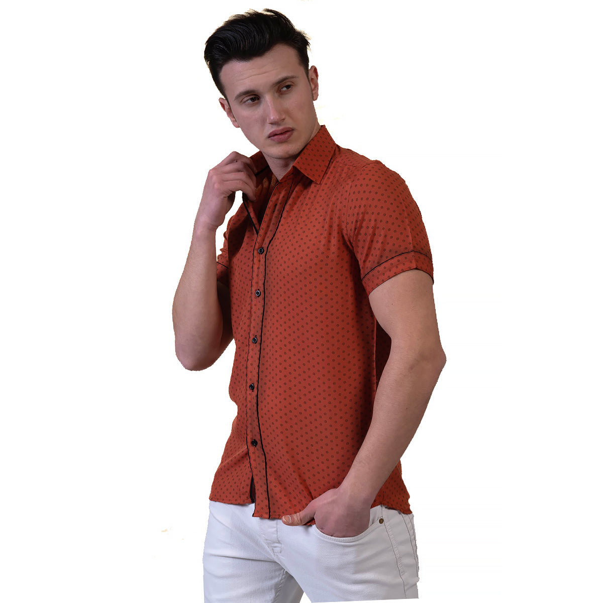 Orange / Reddish Mens Short Sleeve Button up Shirts - Tailored Slim Fit Cotton Dress Shirts - Image 4