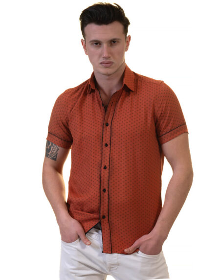 Orange / Reddish Mens Short Sleeve Button up Shirts – Tailored Slim Fit Cotton Dress Shirts