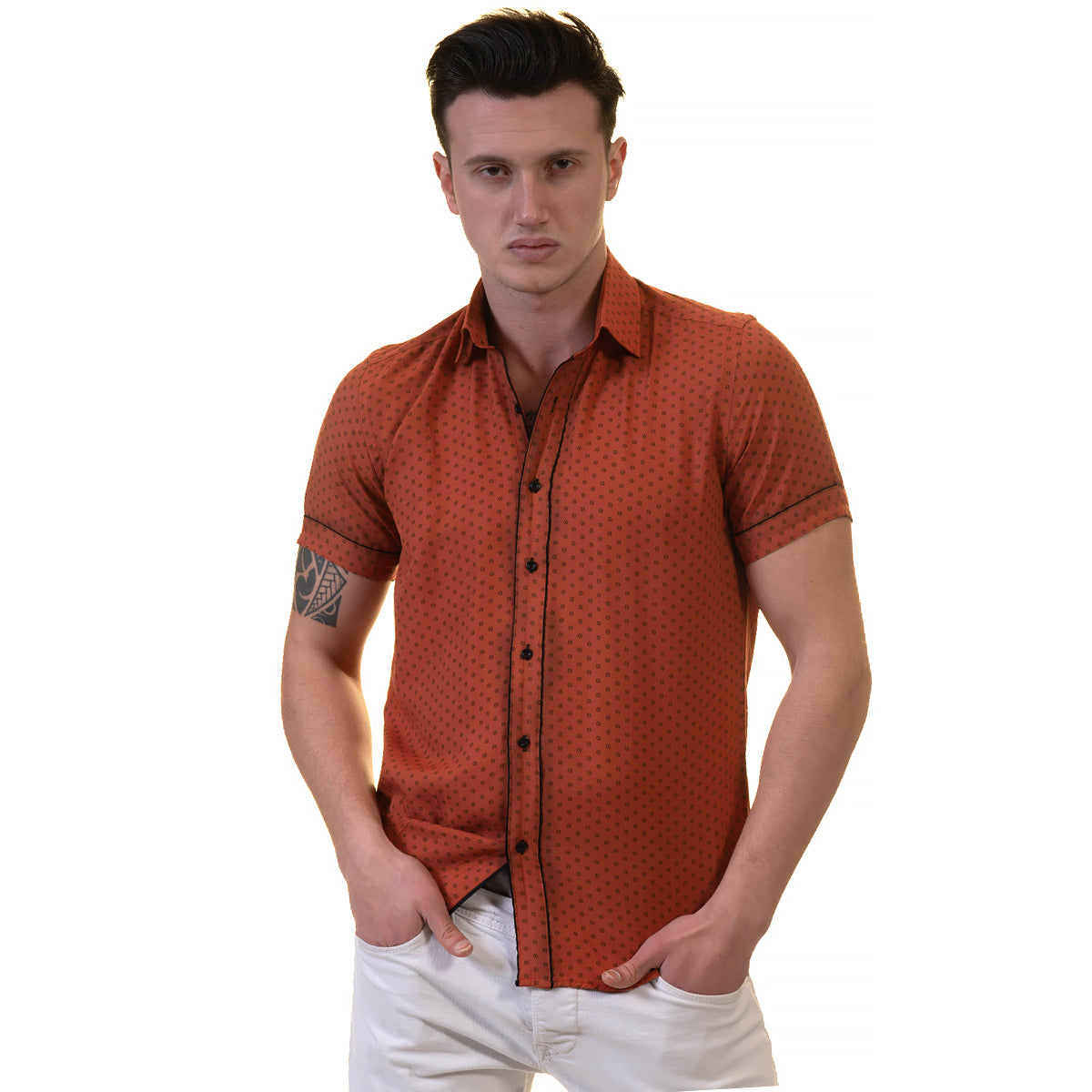 Orange / Reddish Mens Short Sleeve Button up Shirts - Tailored Slim Fit Cotton Dress Shirts - Image 5