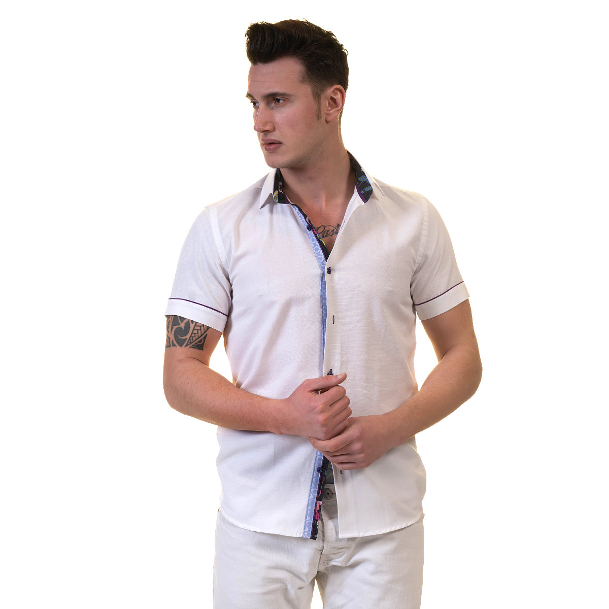 White Mens Short Sleeve Button up Shirts - Tailored Slim Fit Cotton Dress Shirts - Image 2