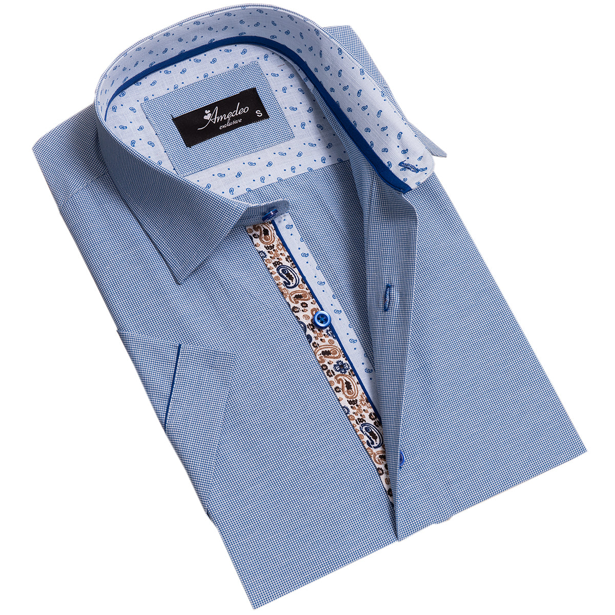 Blue Mens Short Sleeve Button up Shirts - Tailored Slim Fit Cotton French Cuff Shirts - Image 2