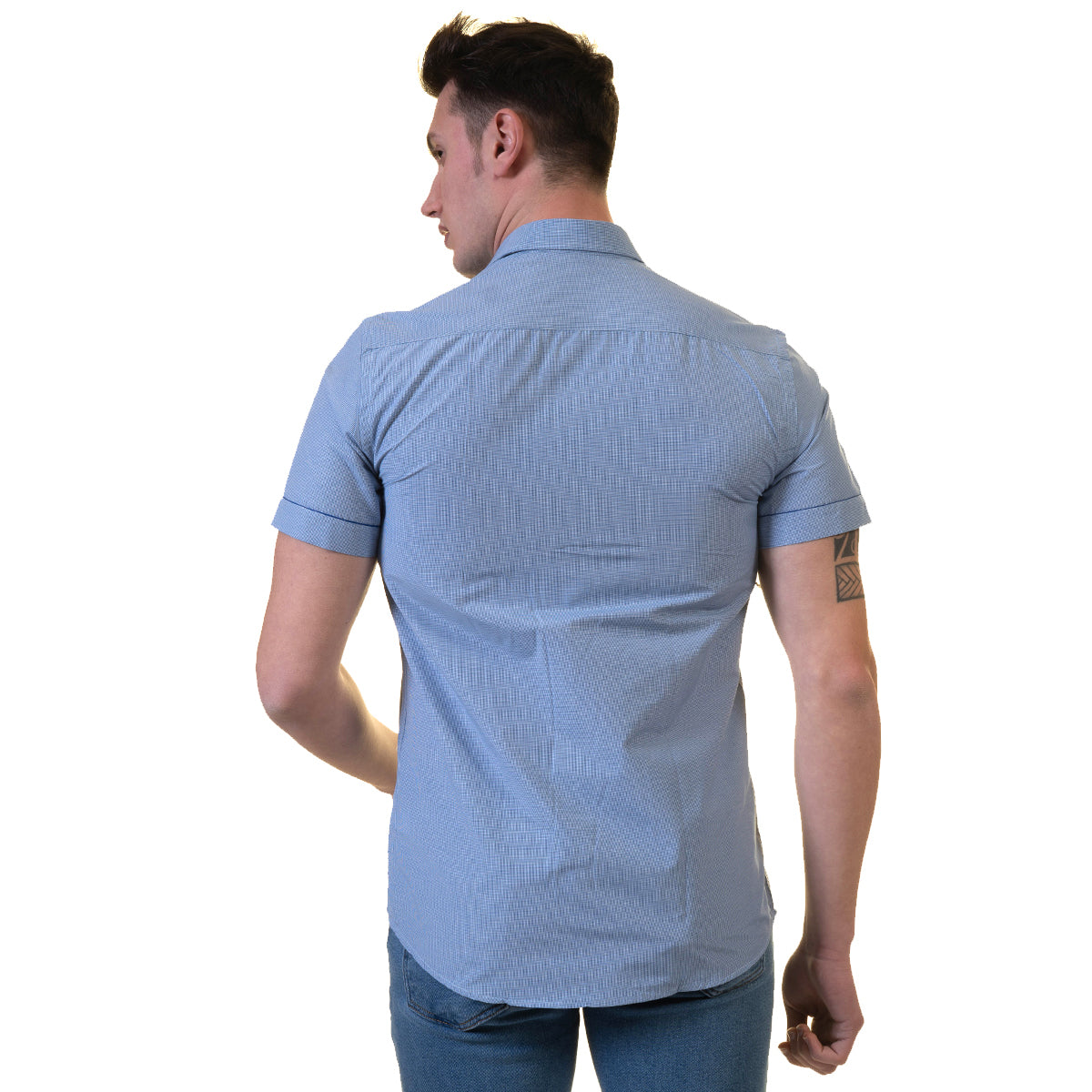 Blue Mens Short Sleeve Button up Shirts - Tailored Slim Fit Cotton French Cuff Shirts - Image 4