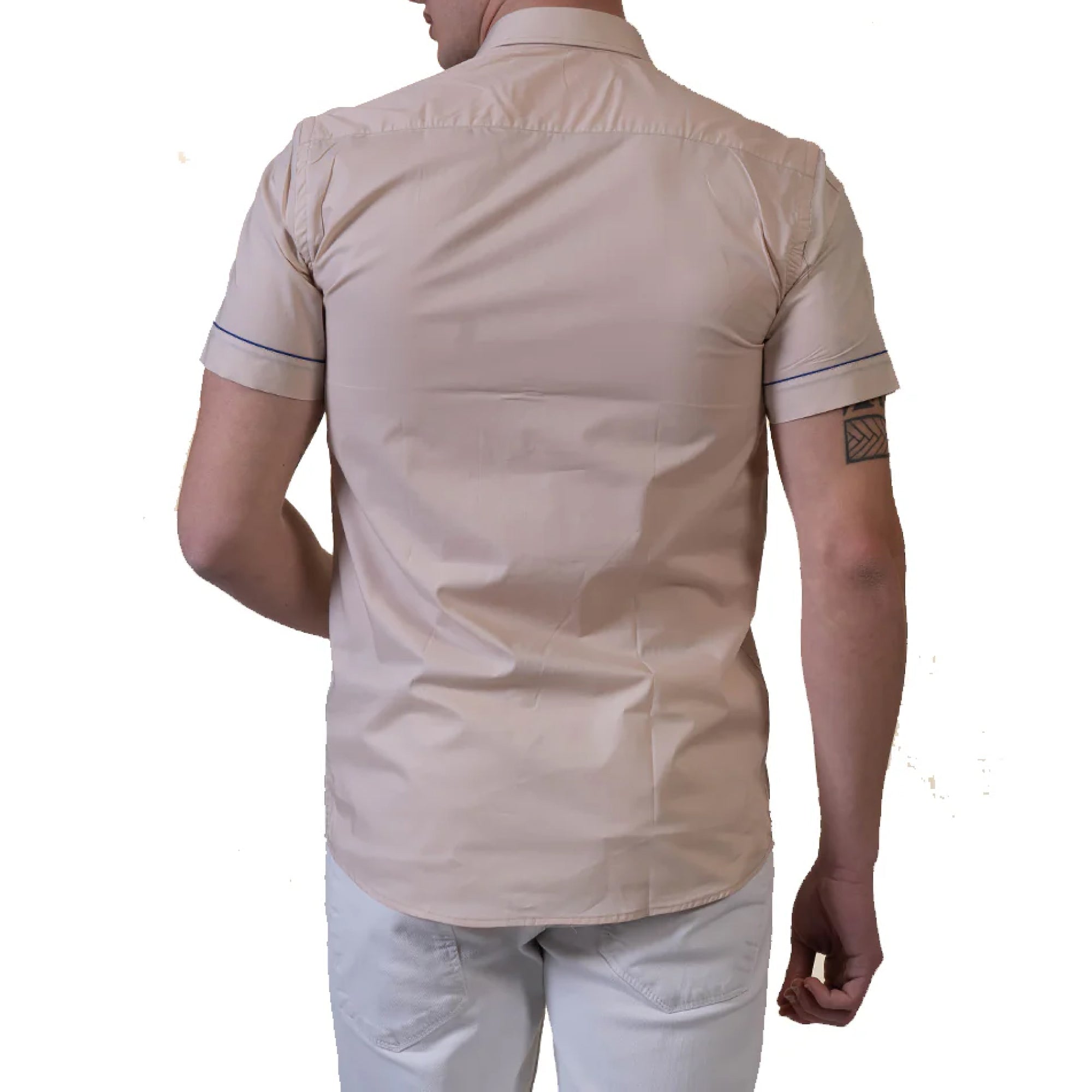 Beige Mens Short Sleeve Button up Shirts - Tailored Slim Fit Cotton Dress Shirts - Image 2