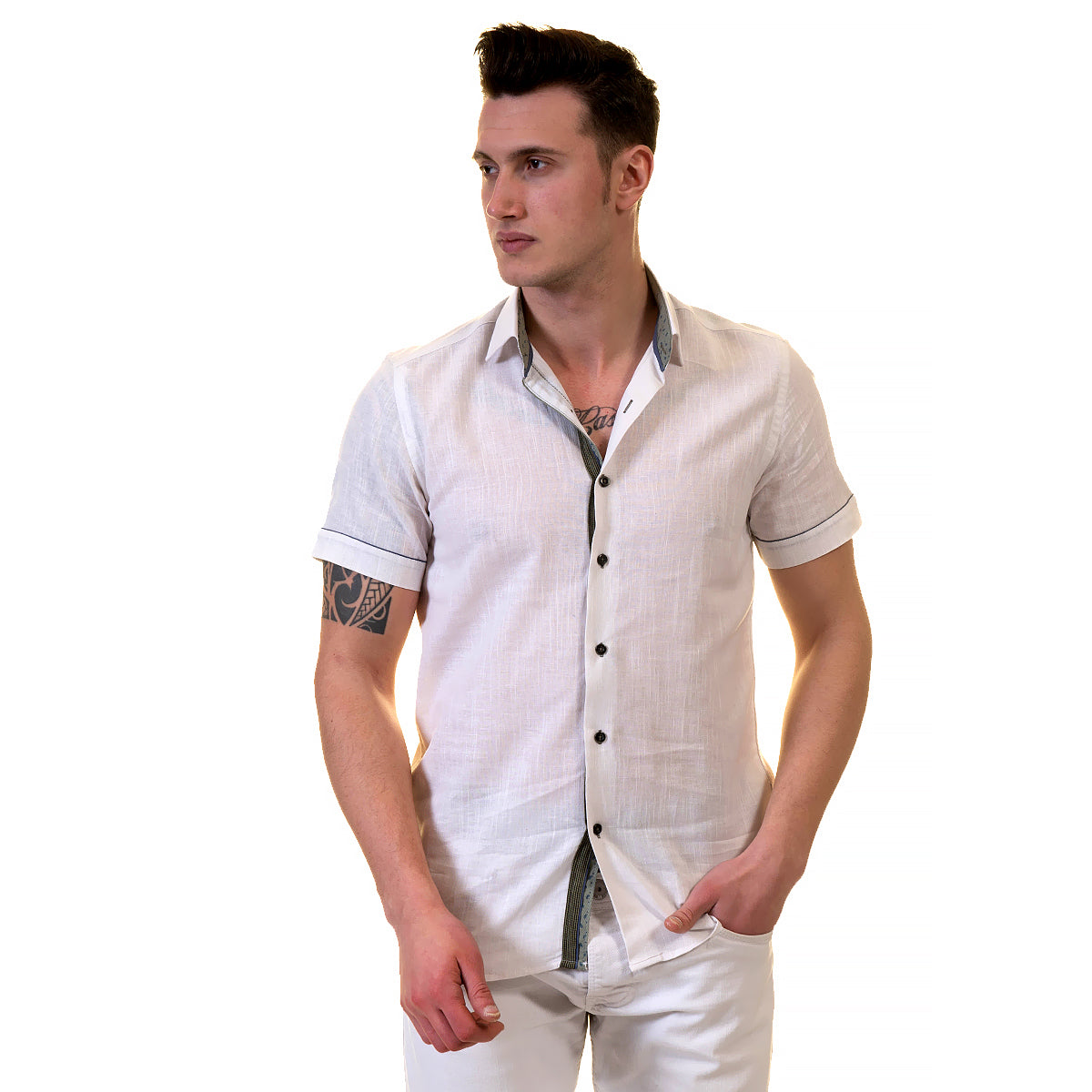 White Mens Short Sleeve Button up Shirts – Tailored Slim Fit Cotton Dress Shirts