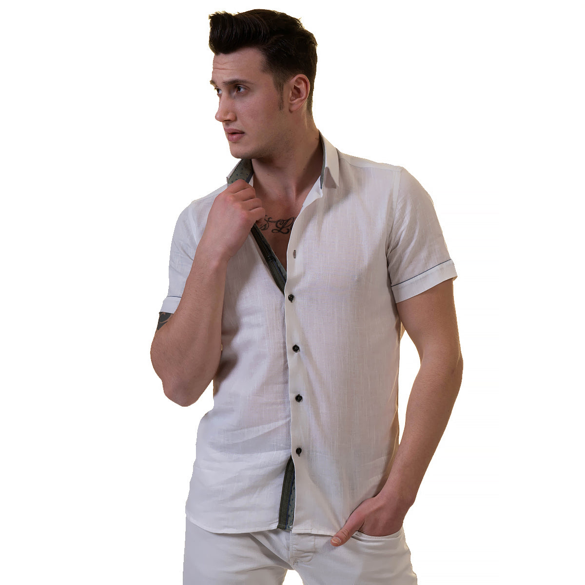White Mens Short Sleeve Button up Shirts - Tailored Slim Fit Cotton Dress Shirts - Image 3