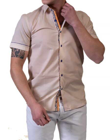 Beige Mens Short Sleeve Button up Shirts – Tailored Slim Fit Cotton Dress Shirts