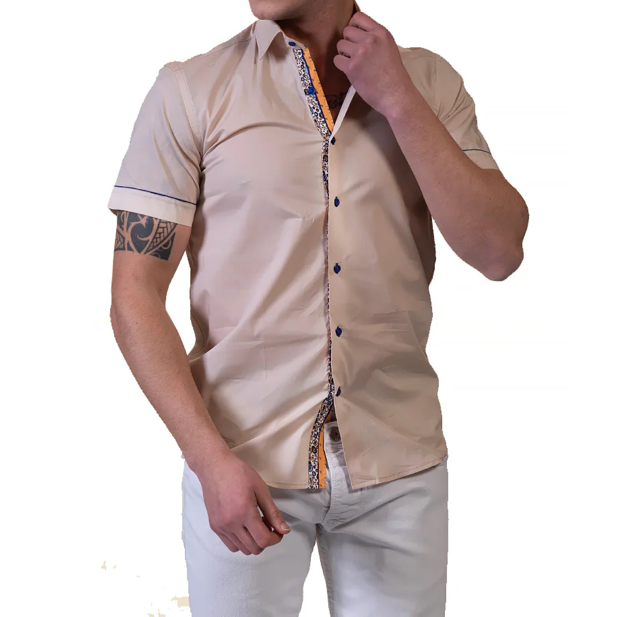 Beige Mens Short Sleeve Button up Shirts – Tailored Slim Fit Cotton Dress Shirts