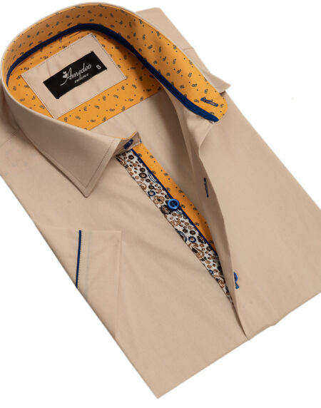Beige Mens Short Sleeve Button up Shirts – Tailored Slim Fit Cotton Dress Shirts