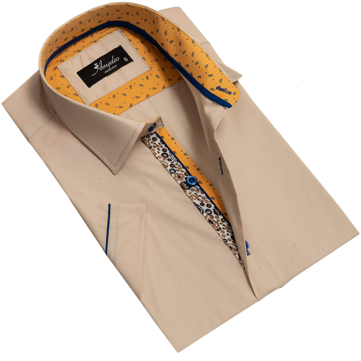 Beige Mens Short Sleeve Button up Shirts - Tailored Slim Fit Cotton Dress Shirts - Image 4
