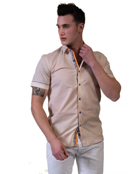Beige Mens Short Sleeve Button up Shirts – Tailored Slim Fit Cotton Dress Shirts