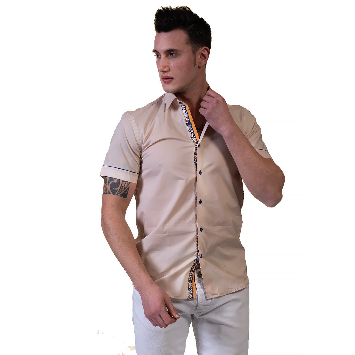 Beige Mens Short Sleeve Button up Shirts - Tailored Slim Fit Cotton Dress Shirts - Image 3