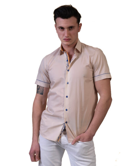 Beige Mens Short Sleeve Button up Shirts – Tailored Slim Fit Cotton Dress Shirts