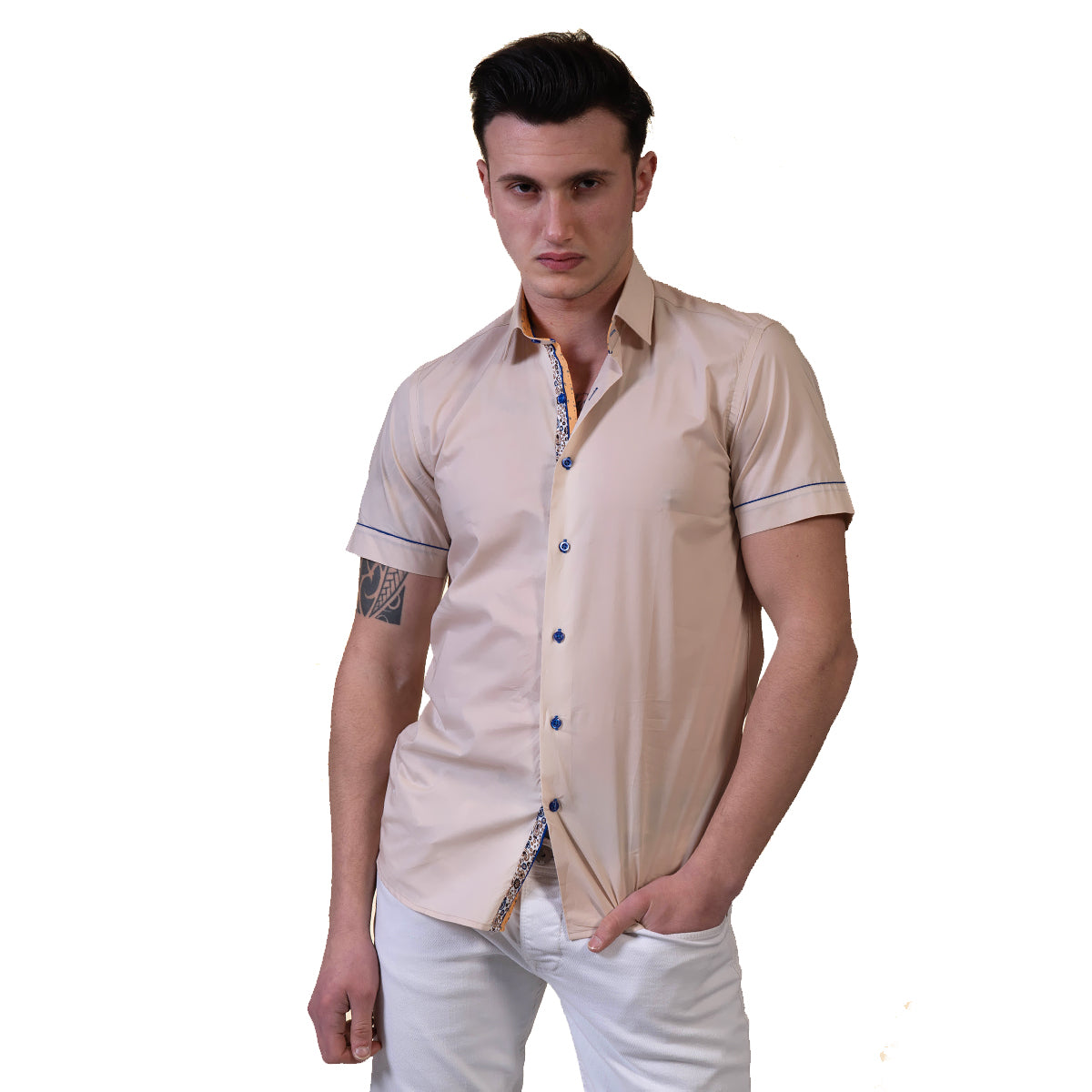 Beige Mens Short Sleeve Button up Shirts - Tailored Slim Fit Cotton Dress Shirts - Image 5