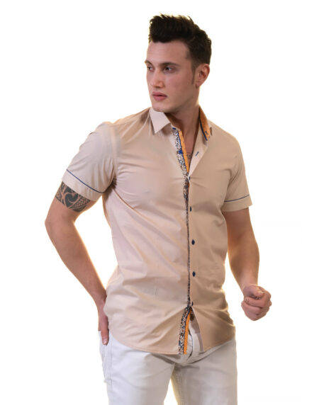 Beige Mens Short Sleeve Button up Shirts – Tailored Slim Fit Cotton Dress Shirts