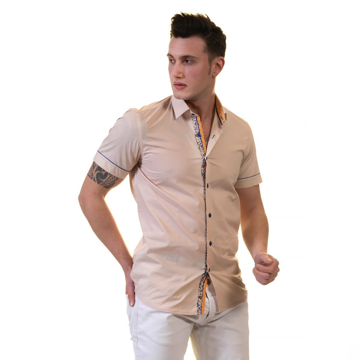 Beige Mens Short Sleeve Button up Shirts - Tailored Slim Fit Cotton Dress Shirts - Image 6