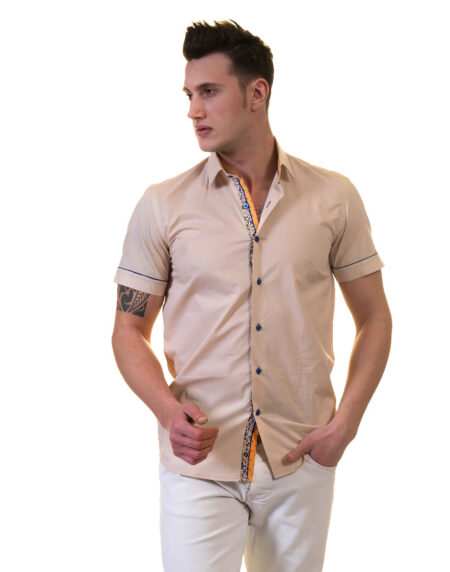 Beige Mens Short Sleeve Button up Shirts – Tailored Slim Fit Cotton Dress Shirts