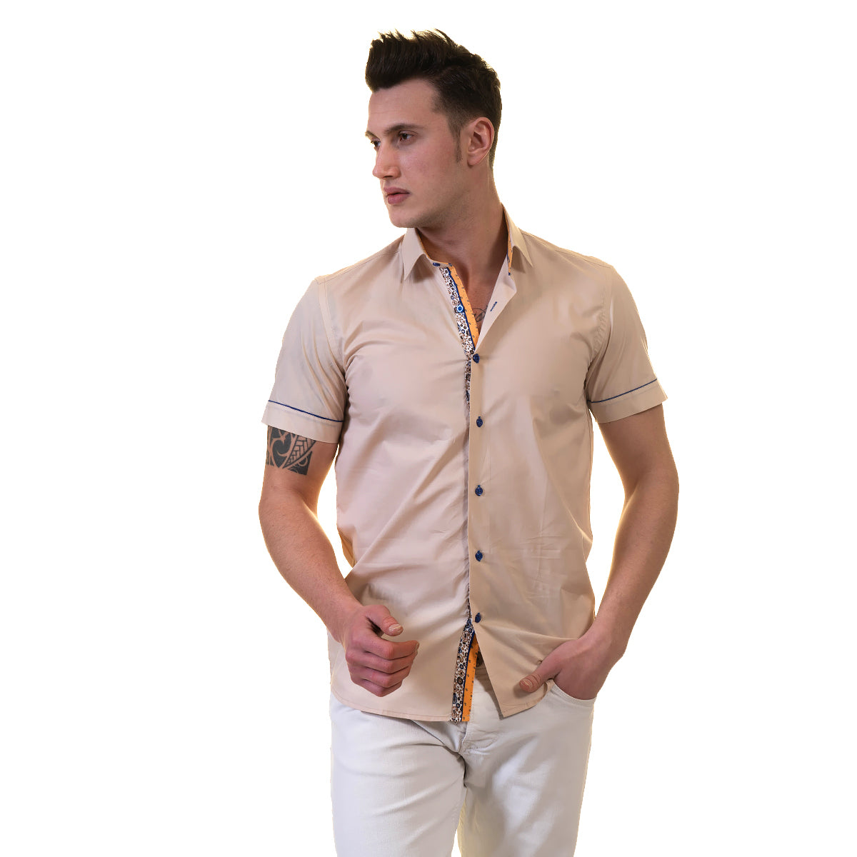 Beige Mens Short Sleeve Button up Shirts - Tailored Slim Fit Cotton Dress Shirts - Image 7