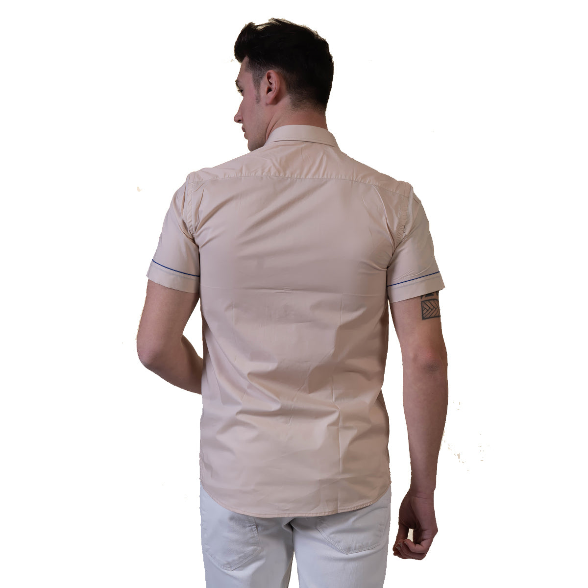 Beige Mens Short Sleeve Button up Shirts - Tailored Slim Fit Cotton Dress Shirts - Image 8