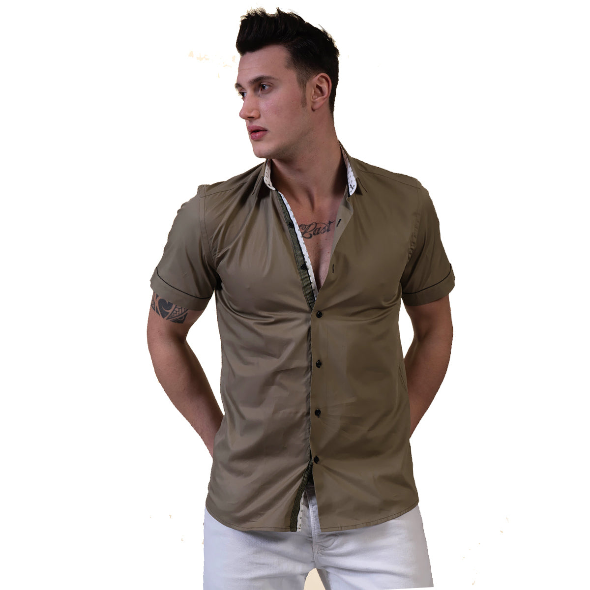 Green Mens Short Sleeve Button up Shirts – Tailored Slim Fit Cotton Dress Shirts