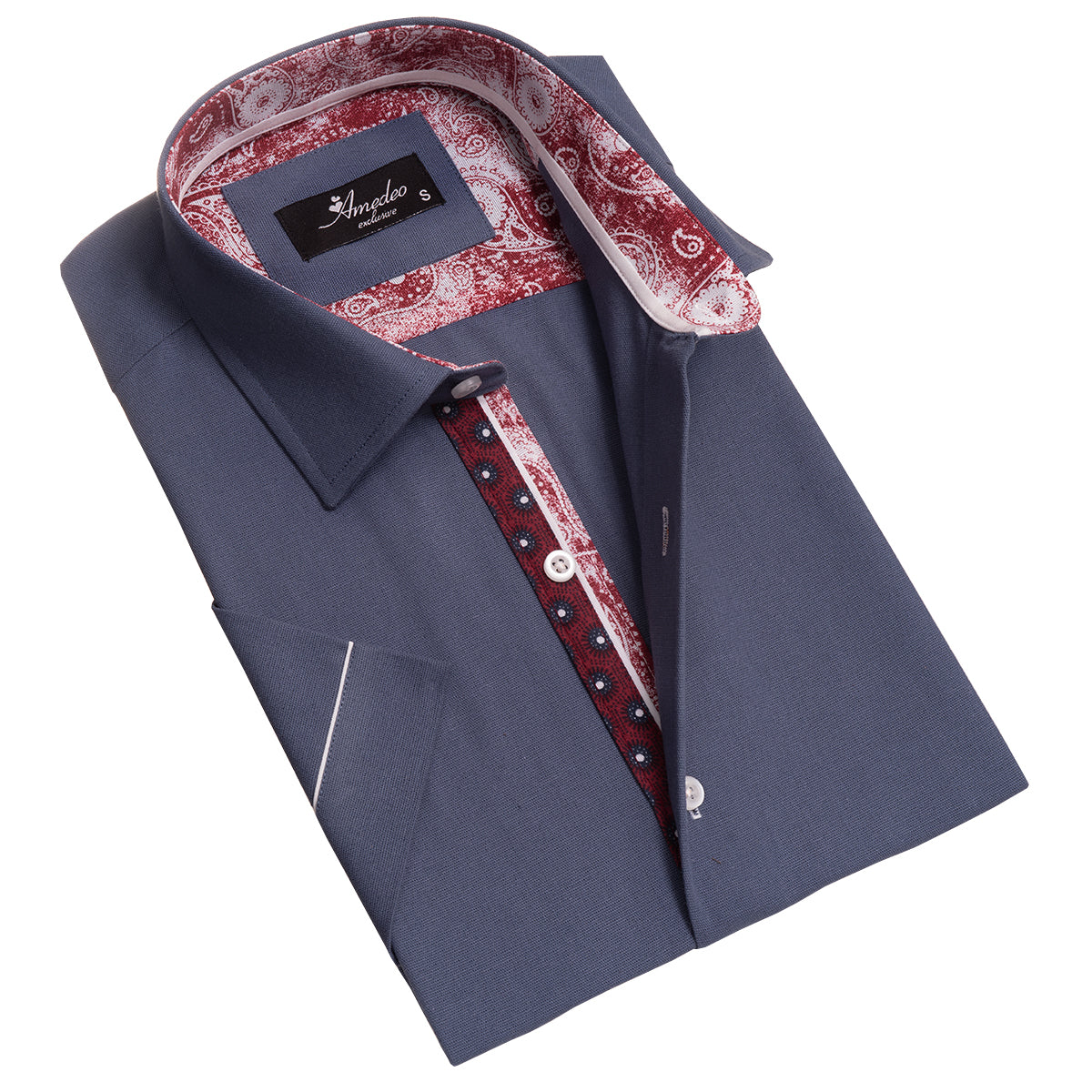 Dark Blue Mens Short Sleeve Button up Shirts - Tailored Slim Fit Cotton Dress Shirts - Image 2