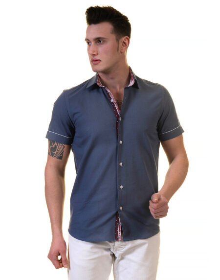 Dark Blue Mens Short Sleeve Button up Shirts – Tailored Slim Fit Cotton Dress Shirts