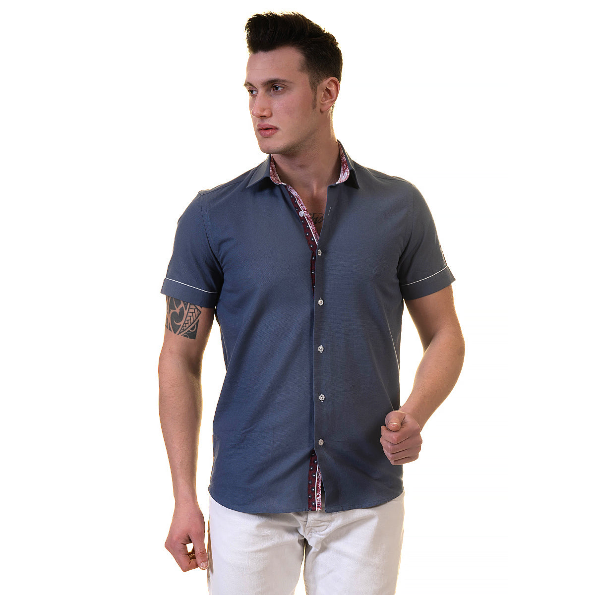 Dark Blue Mens Short Sleeve Button up Shirts – Tailored Slim Fit Cotton Dress Shirts