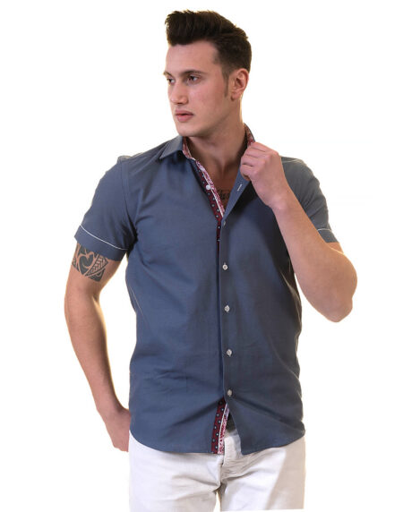 Dark Blue Mens Short Sleeve Button up Shirts – Tailored Slim Fit Cotton Dress Shirts