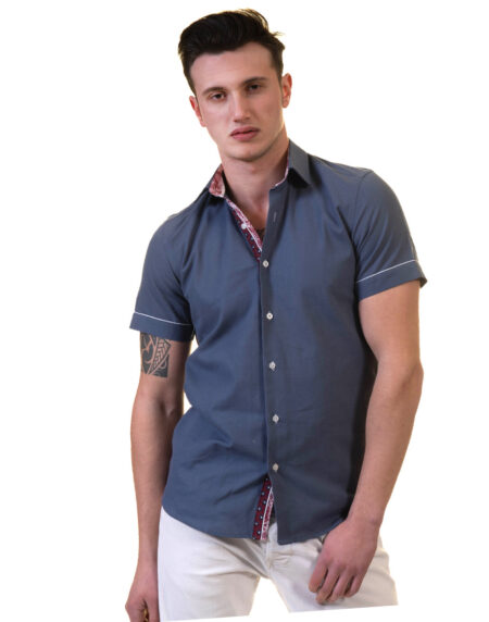 Dark Blue Mens Short Sleeve Button up Shirts – Tailored Slim Fit Cotton Dress Shirts