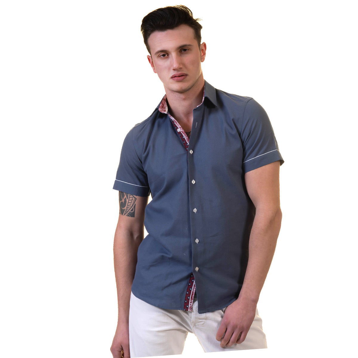 Dark Blue Mens Short Sleeve Button up Shirts - Tailored Slim Fit Cotton Dress Shirts - Image 4