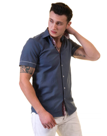 Dark Blue Mens Short Sleeve Button up Shirts – Tailored Slim Fit Cotton Dress Shirts