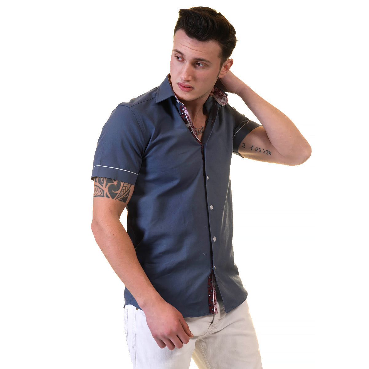 Dark Blue Mens Short Sleeve Button up Shirts - Tailored Slim Fit Cotton Dress Shirts - Image 5