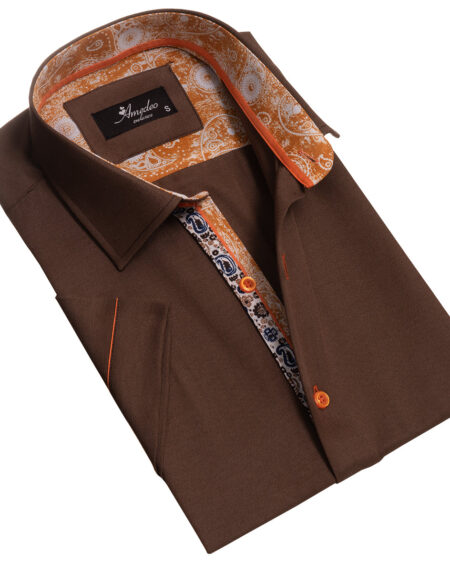 Mens Brown Short Sleeve Button up Shirts – Tailored Slim Fit Cotton Dress Shirts