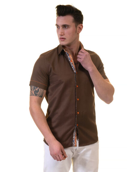 Mens Brown Short Sleeve Button up Shirts – Tailored Slim Fit Cotton Dress Shirts