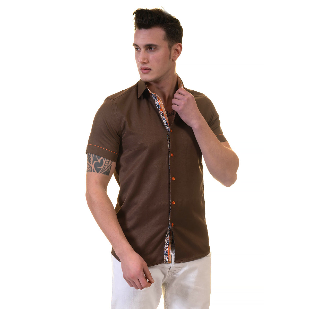 Mens Brown Short Sleeve Button up Shirts – Tailored Slim Fit Cotton Dress Shirts
