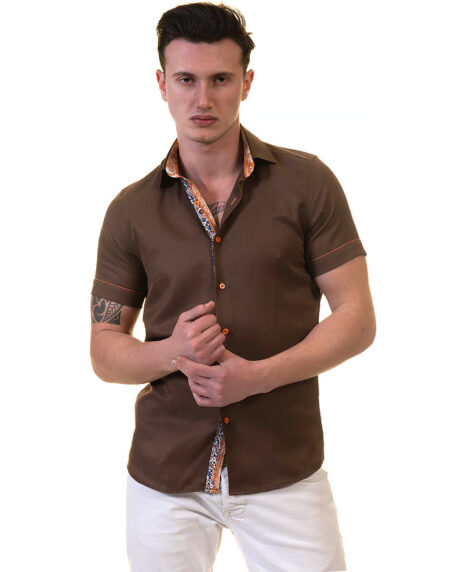 Mens Brown Short Sleeve Button up Shirts – Tailored Slim Fit Cotton Dress Shirts