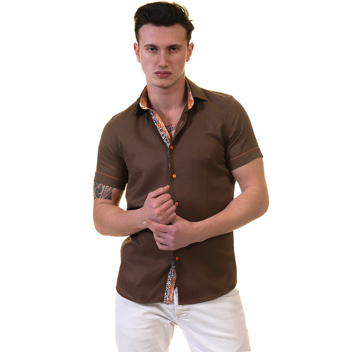 Mens Brown Short Sleeve Button up Shirts - Tailored Slim Fit Cotton Dress Shirts - Image 3