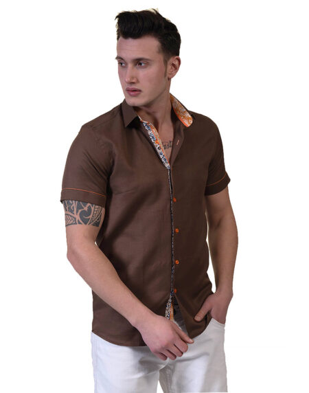 Mens Brown Short Sleeve Button up Shirts – Tailored Slim Fit Cotton Dress Shirts