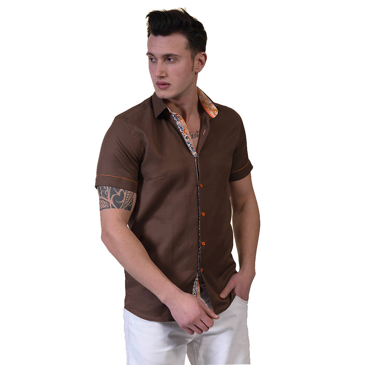 Mens Brown Short Sleeve Button up Shirts - Tailored Slim Fit Cotton Dress Shirts - Image 4