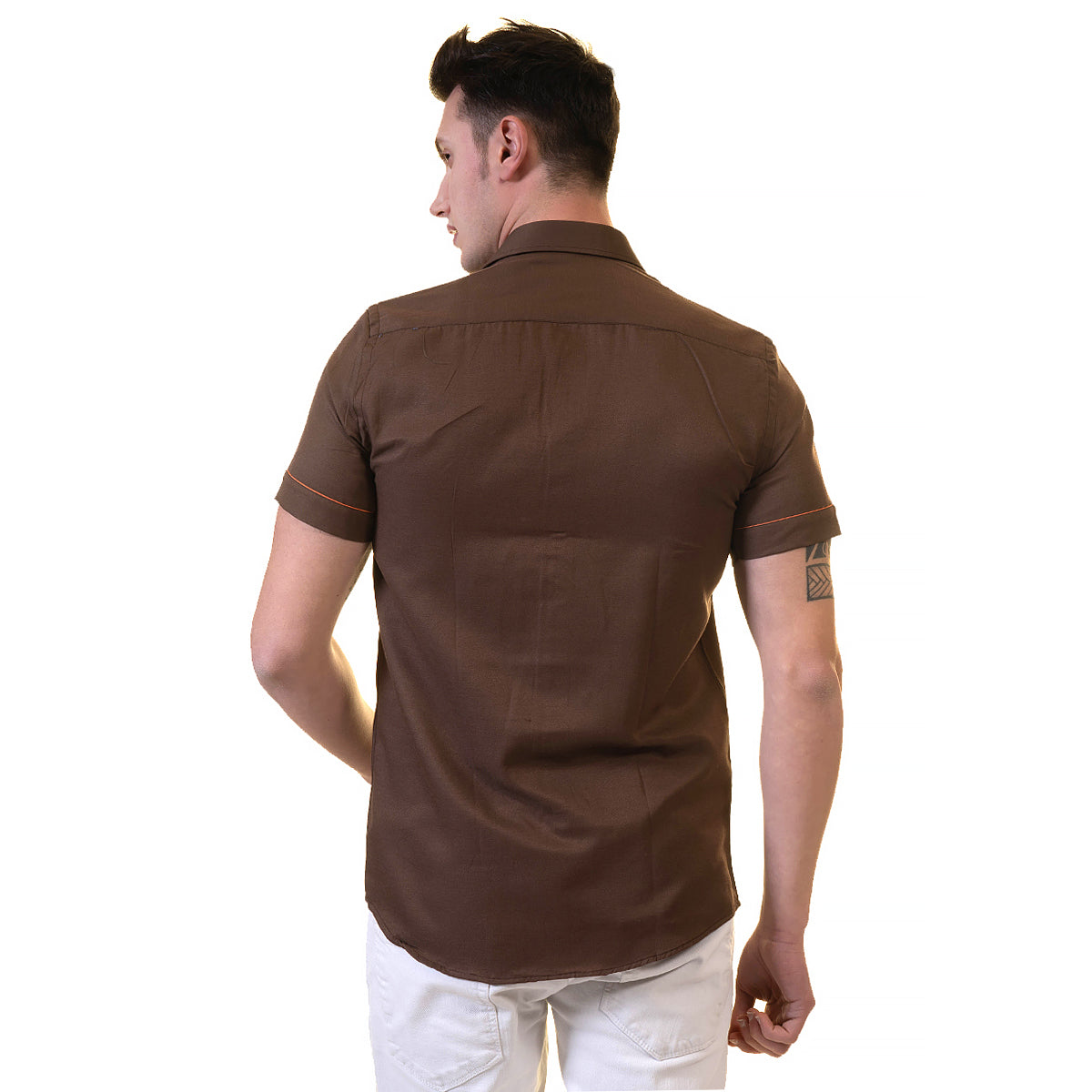 Mens Brown Short Sleeve Button up Shirts - Tailored Slim Fit Cotton Dress Shirts - Image 6