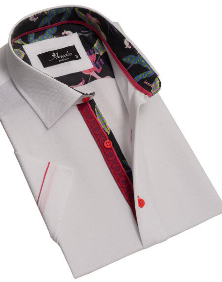 White and Red Mens Short Sleeve Button up Shirts – Tailored Slim Fit Cotton Dress Shirts