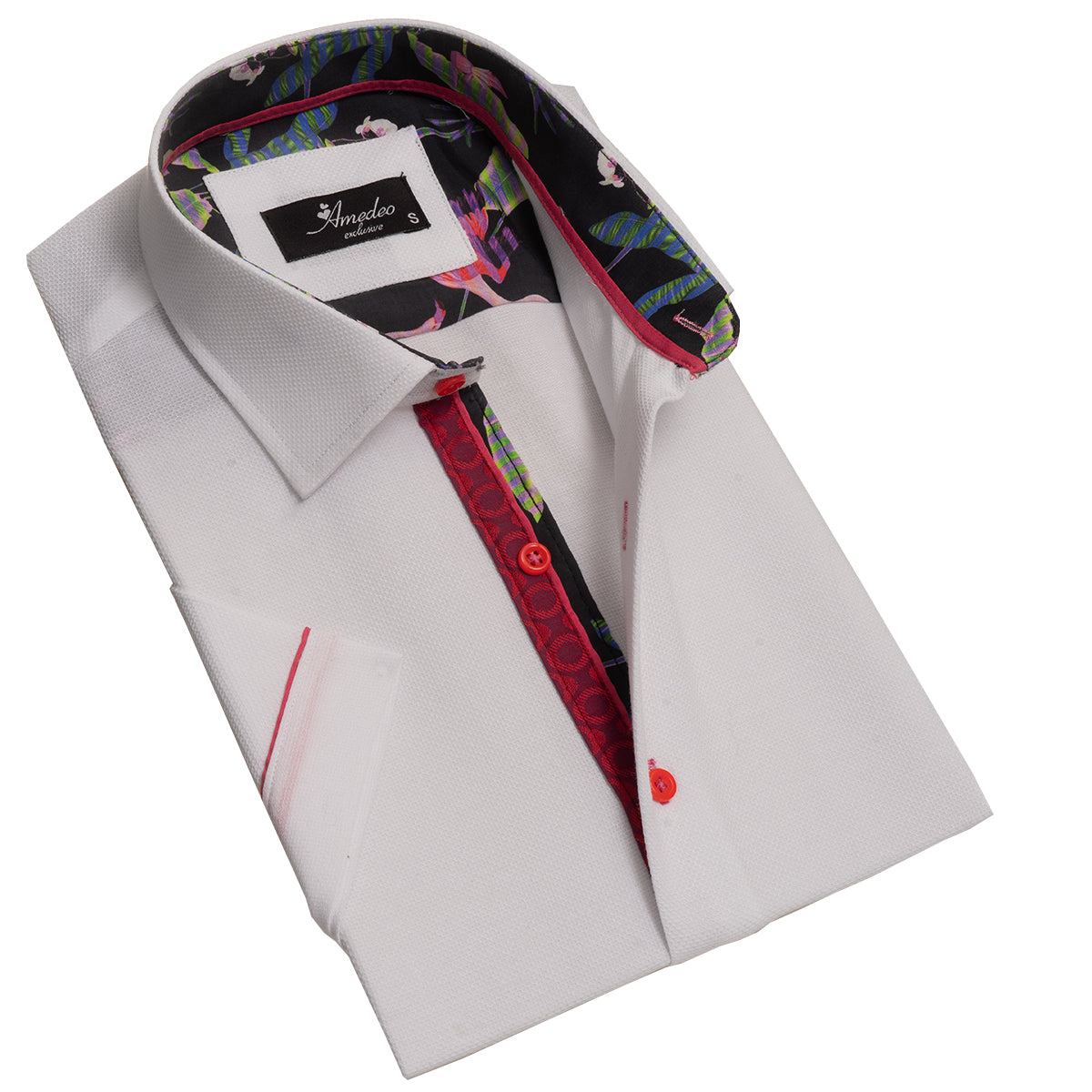 White and Red Mens Short Sleeve Button up Shirts - Tailored Slim Fit Cotton Dress Shirts - Image 3