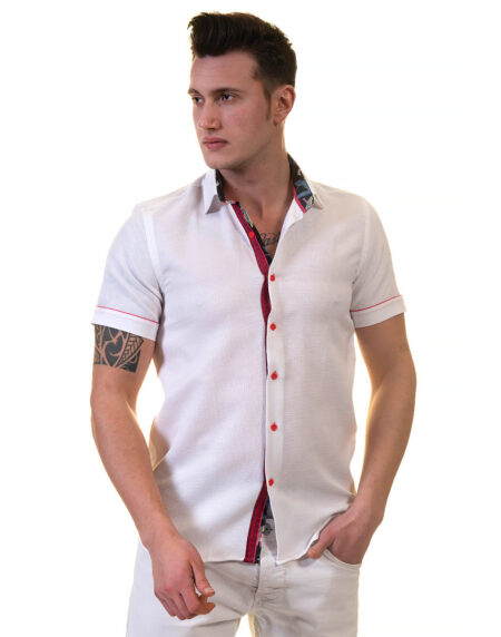 White and Red Mens Short Sleeve Button up Shirts – Tailored Slim Fit Cotton Dress Shirts
