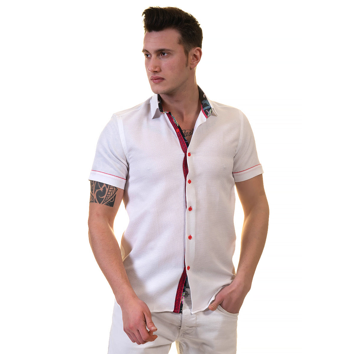 White and Red Mens Short Sleeve Button up Shirts – Tailored Slim Fit Cotton Dress Shirts