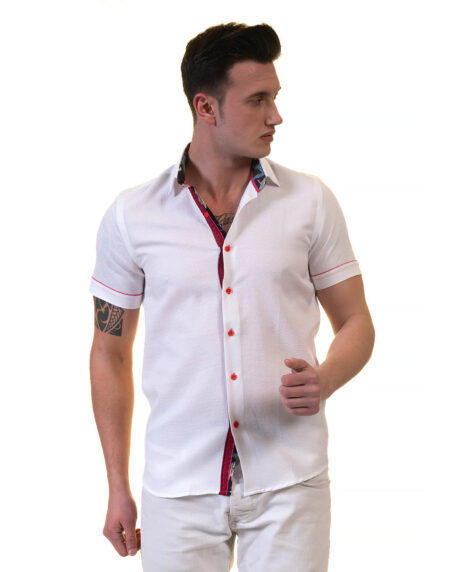 White and Red Mens Short Sleeve Button up Shirts – Tailored Slim Fit Cotton Dress Shirts
