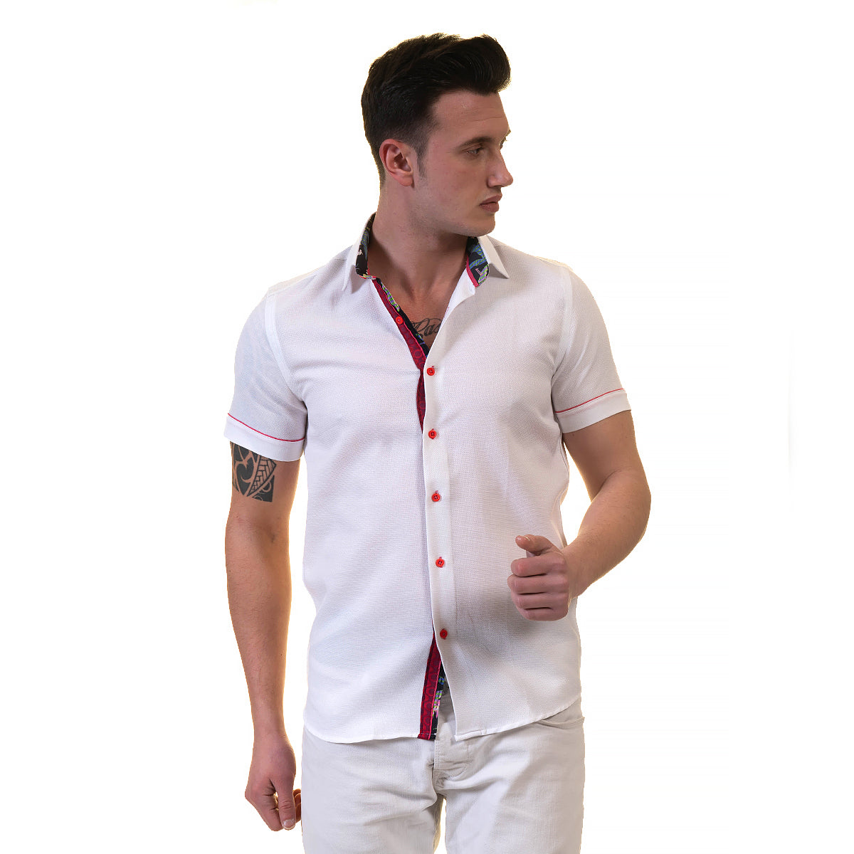White and Red Mens Short Sleeve Button up Shirts - Tailored Slim Fit Cotton Dress Shirts - Image 2