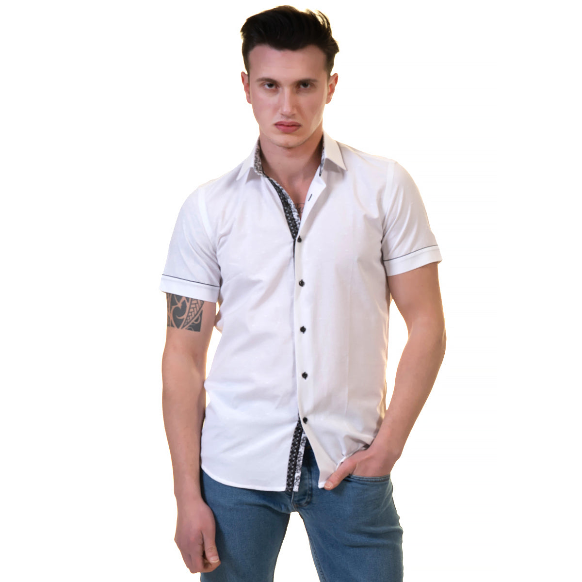 White Mens Short Sleeve Button up Shirts - Tailored Slim Fit Cotton Dress Shirts - Image 5