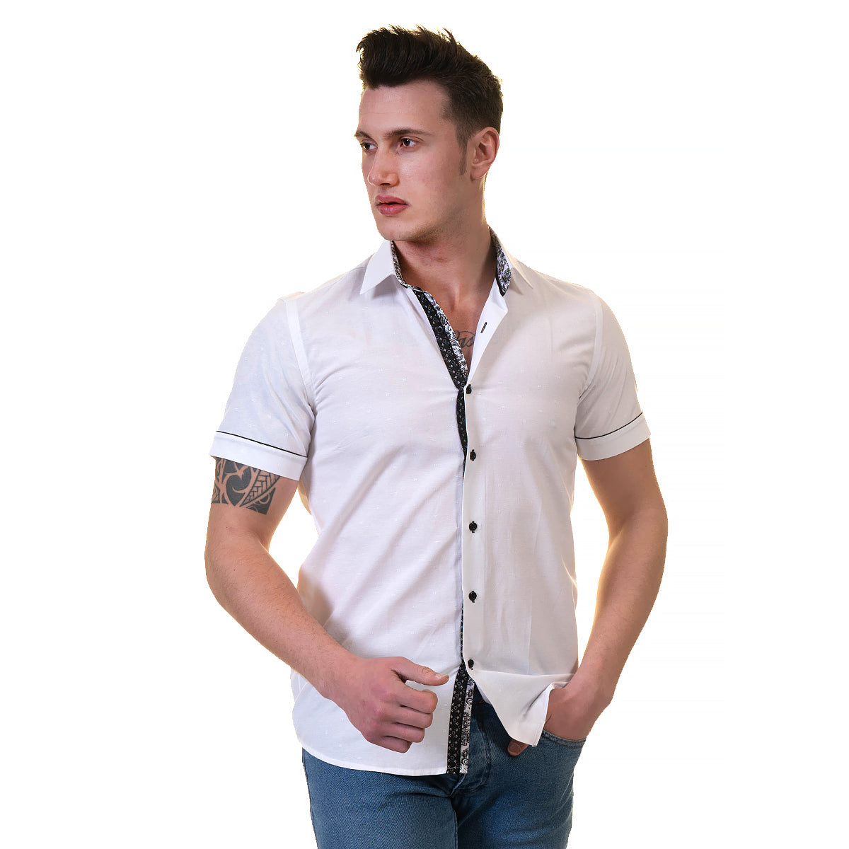 White Mens Short Sleeve Button up Shirts - Tailored Slim Fit Cotton Dress Shirts - Image 4