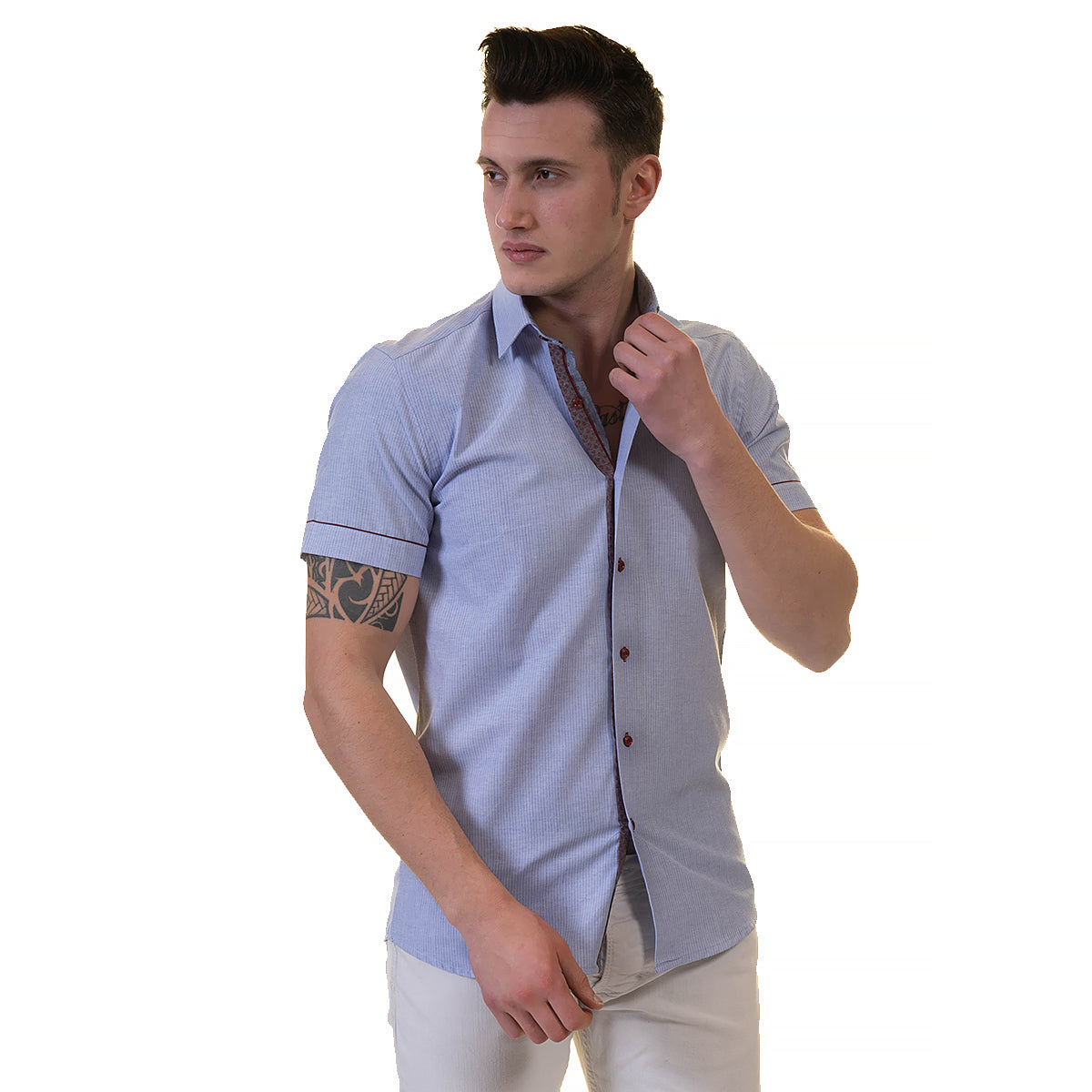 Mens Sky Blue Short Sleeve Button up Shirts – Tailored Slim Fit Cotton Dress Shirts