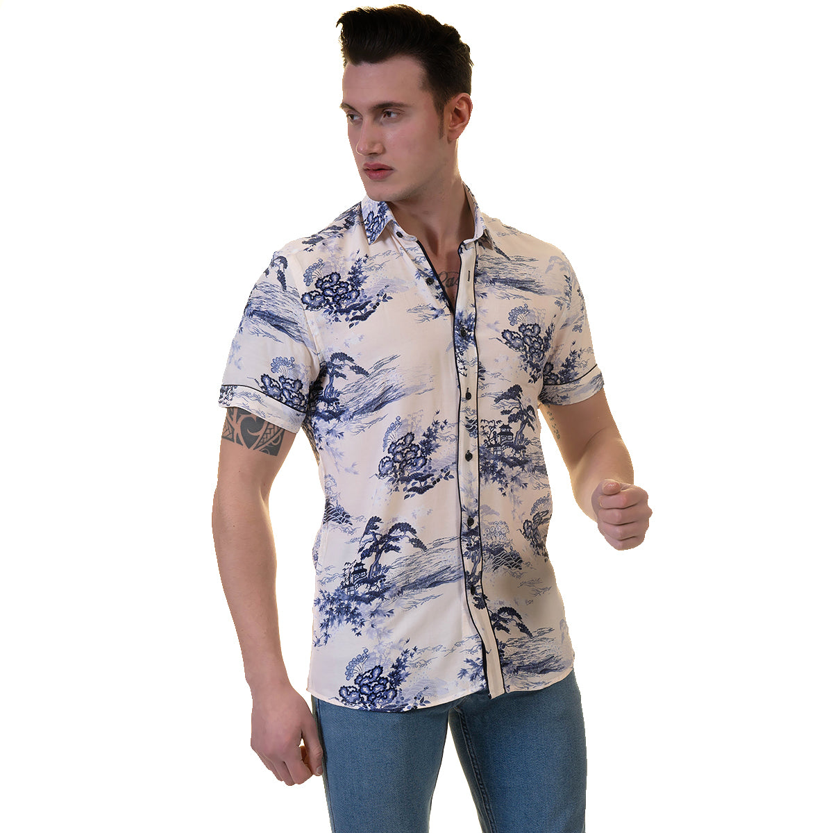 Floral Mens Short Sleeve Button up Shirts – Tailored Slim Fit Cotton Dress Shirts