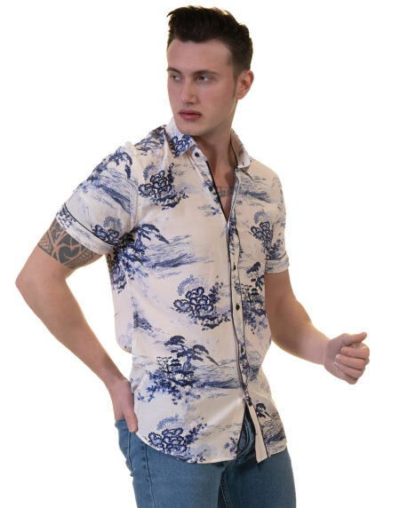 Floral Mens Short Sleeve Button up Shirts – Tailored Slim Fit Cotton Dress Shirts